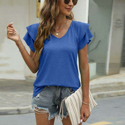 Vibrant V-Neck Top with Elegant Ruffled Sleeves