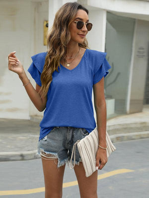 New solid color V-neck double layer ruffled sleeve loose top t-shirt-kakaclo-Sapphire blue-S-Très Elite