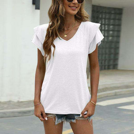 Vibrant V-Neck Top with Elegant Ruffled Sleeves