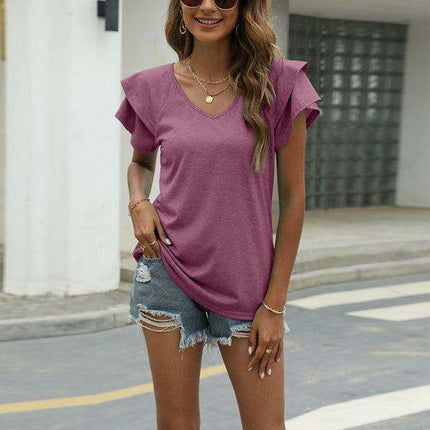 Vibrant V-Neck Top with Elegant Ruffled Sleeves