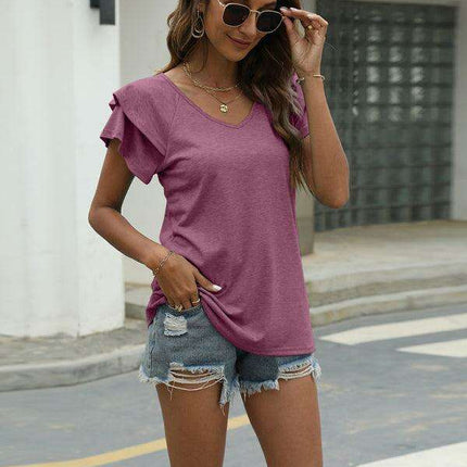 Vibrant V-Neck Top with Elegant Ruffled Sleeves