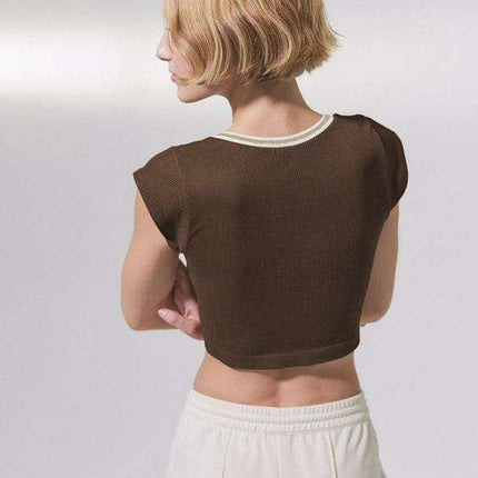 Chic Lace-Up V-Neck Crop Top with Colorful Sleeve Accents