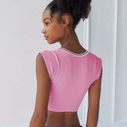 Chic Lace-Up V-Neck Crop Top with Colorful Sleeve Accents