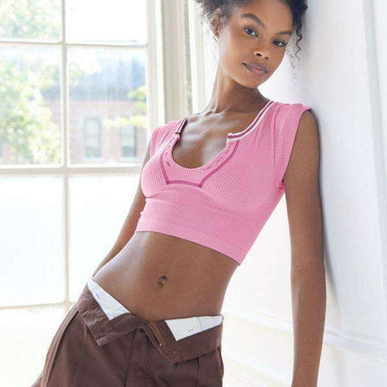 Chic Lace-Up V-Neck Crop Top with Colorful Sleeve Accents