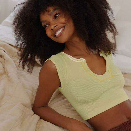 Chic Lace-Up V-Neck Crop Top with Colorful Sleeve Accents