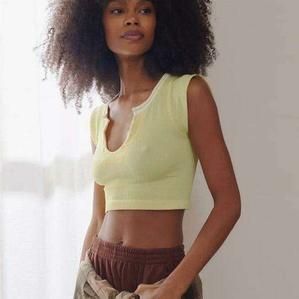 Chic Lace-Up V-Neck Crop Top with Colorful Sleeve Accents