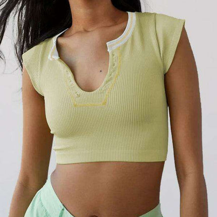 Chic Lace-Up V-Neck Crop Top with Colorful Sleeve Accents