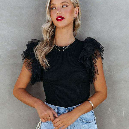Elegant Ruffle Sleeve Mesh Knit Top - Women's Chic Lotus Bloom Essential