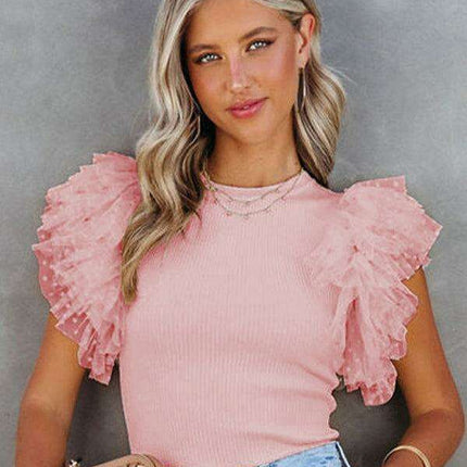 Elegant Ruffle Sleeve Mesh Knit Top - Women's Chic Lotus Bloom Essential