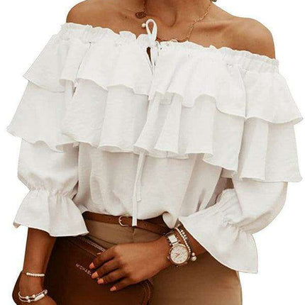 Elegant Off-the-Shoulder Blouse with Stylish Double Ruffle Sleeves for Women