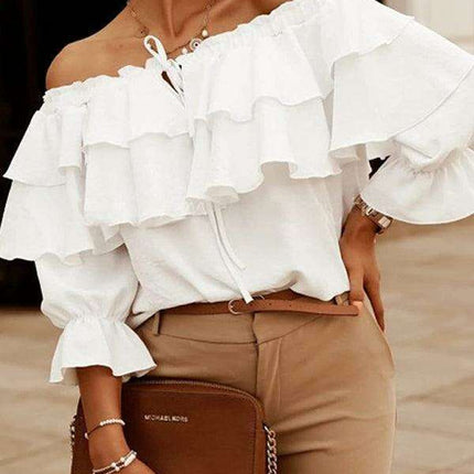 Elegant Off-the-Shoulder Blouse with Stylish Double Ruffle Sleeves for Women
