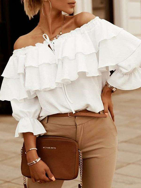 Elegant Off-the-Shoulder Blouse with Stylish Double Ruffle Sleeves for Women