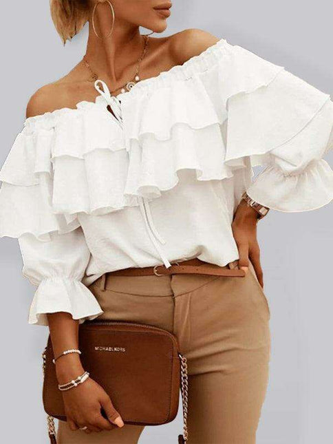 Elegant Off-the-Shoulder Blouse with Stylish Double Ruffle Sleeves for Women