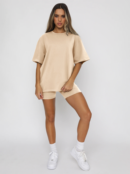 Elegant Solid Color Two-Piece Co-ord Set with Short-Sleeve Top and Shorts for Women