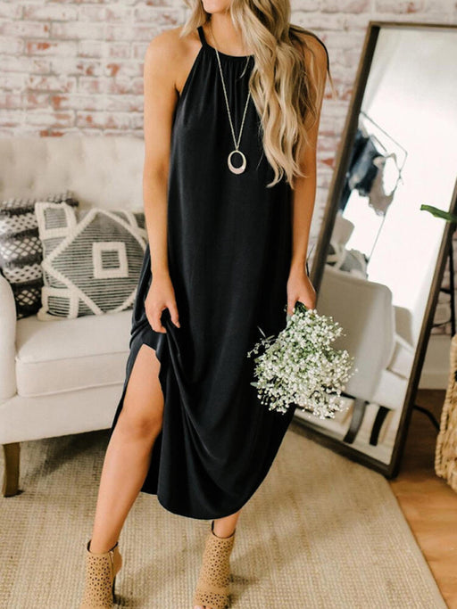 Elegant Solid Color Suspender Maxi Dress with Leisure Style