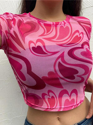 Women's Short Sleeve Sheer And Stretchy Mesh Construction All Over A Cropped Top-kakaclo-Rose Red-S-Très Elite