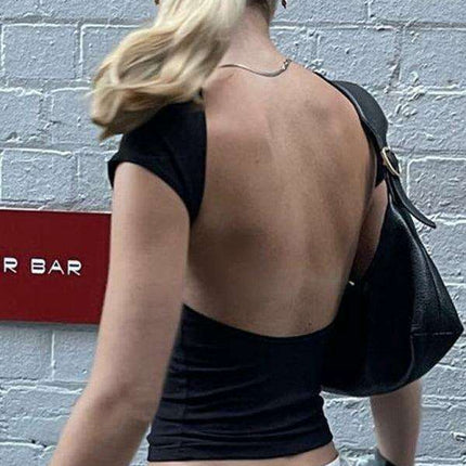 Chic Backless Crop Top: Trendy Short Sleeve Shirt for Women