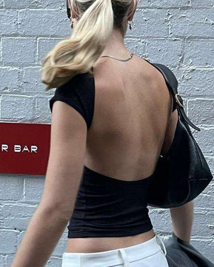 Chic Backless Crop Top: Trendy Short Sleeve Shirt for Women