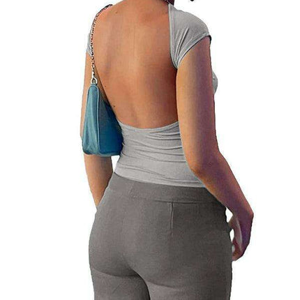 Chic Backless Crop Top: Trendy Short Sleeve Shirt for Women