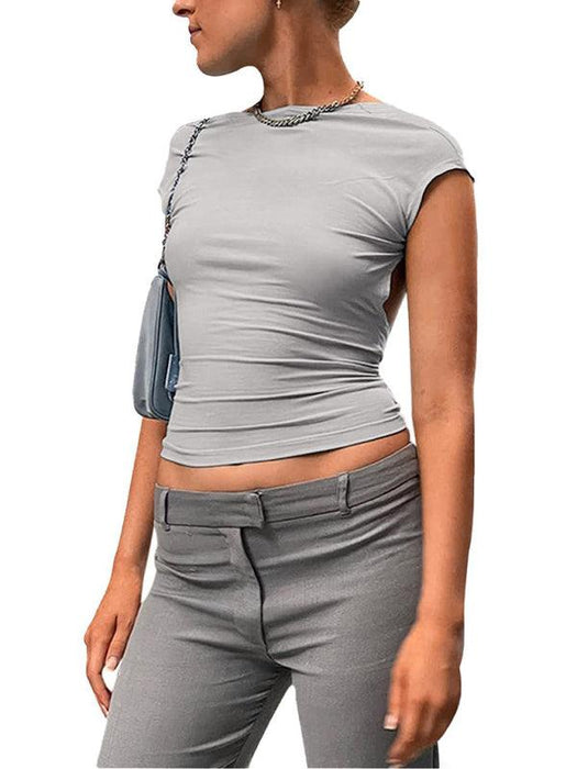 Allure Backless Crop Top with Elegant Open Back and Short Sleeves for Women