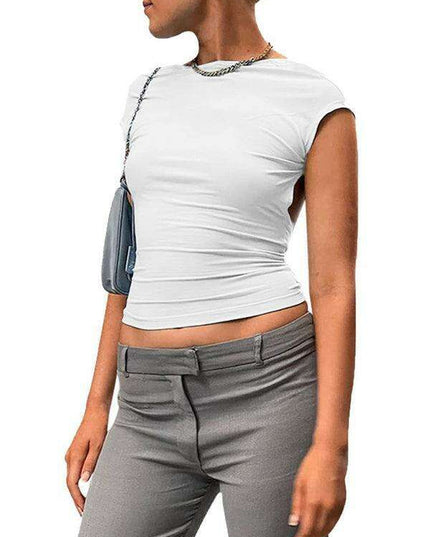 Chic Backless Crop Top: Trendy Short Sleeve Shirt for Women