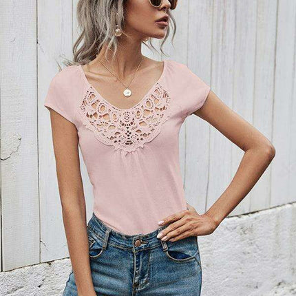 Elegant Lace Detail Short Sleeve Blouse for Women