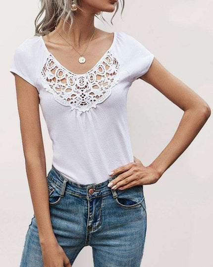 Elegant Lace Detail Short Sleeve Blouse for Women