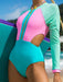 Colorful Wave Rider | Women's Funky Long-sleeve Cutout Paddle-swimming Suit