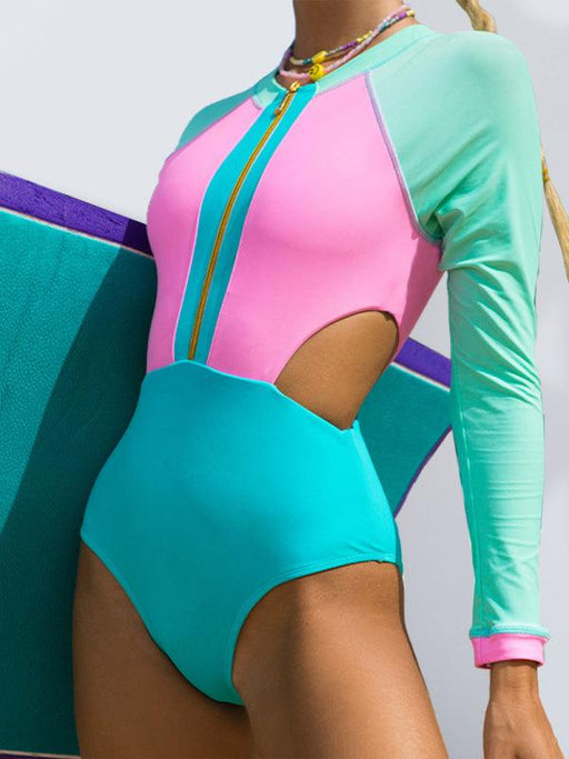 Jakoto | Women's Color Block Front Zip Wave Long-sleeve Cutout Design Paddle-swimming Suit