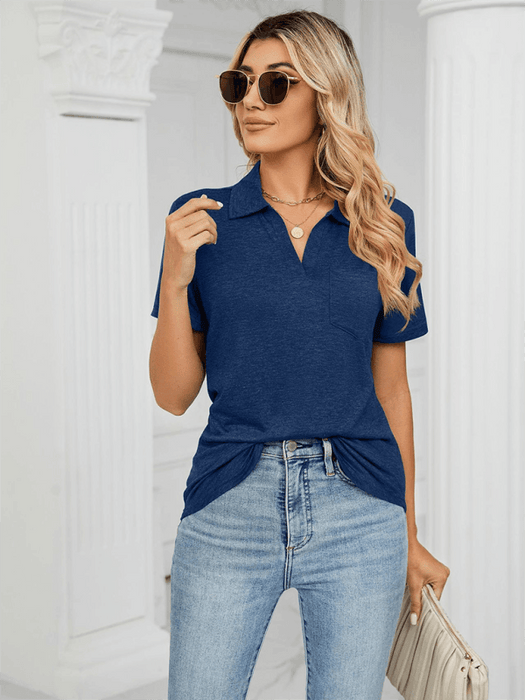 Chambray-Trimmed Polo Tee with Short Sleeves