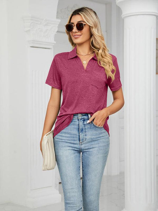 Short-Sleeve Polo Top with Timeless Chambray Accents