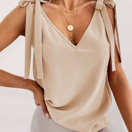 Chic V-Neck Tank Top with Lace-Up Bow Detail and Sleeveless Design