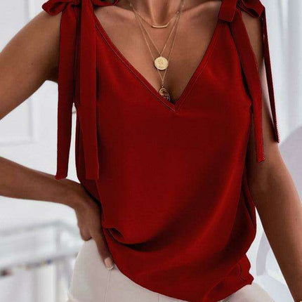 Chic V-Neck Tank Top with Lace-Up Bow Detail and Sleeveless Design