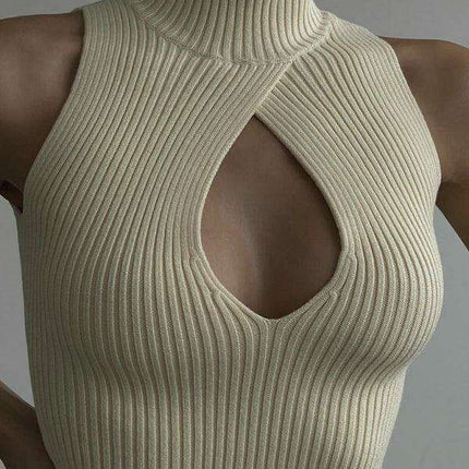 Sleeveless Ribbed Turtleneck Sweater with Teardrop Cutout Detail