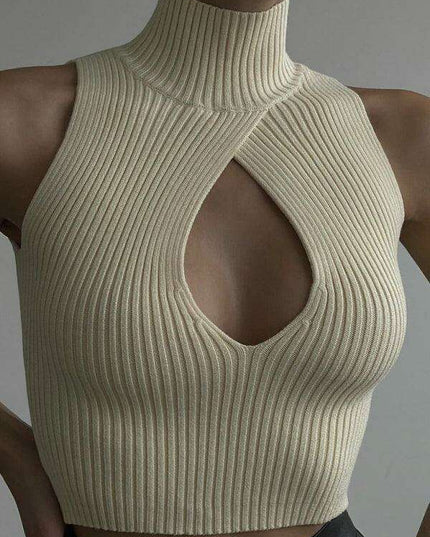 Sleeveless Ribbed Turtleneck Sweater with Teardrop Cutout Detail