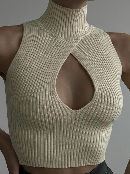 Jakoto | Women's Solid Color Cutout Sleeveless Sleeve Turtle Neck Rib Sweater