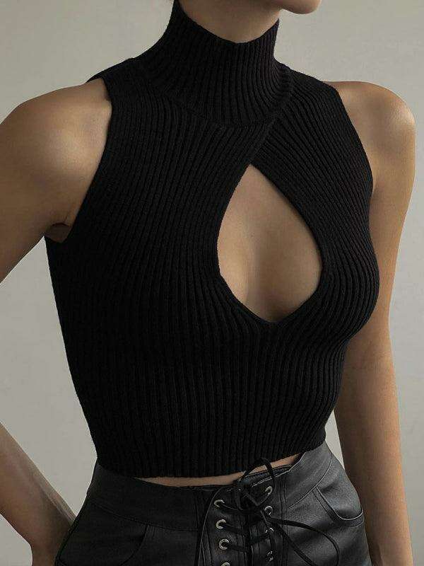 Sleeveless Ribbed Turtleneck Sweater with Teardrop Cutout Detail