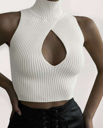 Sleeveless Ribbed Turtleneck Sweater with Teardrop Cutout Detail