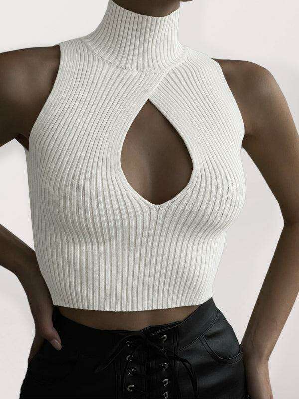 Sleeveless Ribbed Turtleneck Sweater with Teardrop Cutout Detail