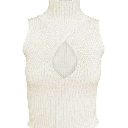 Sleeveless Ribbed Turtleneck Sweater with Teardrop Cutout Detail