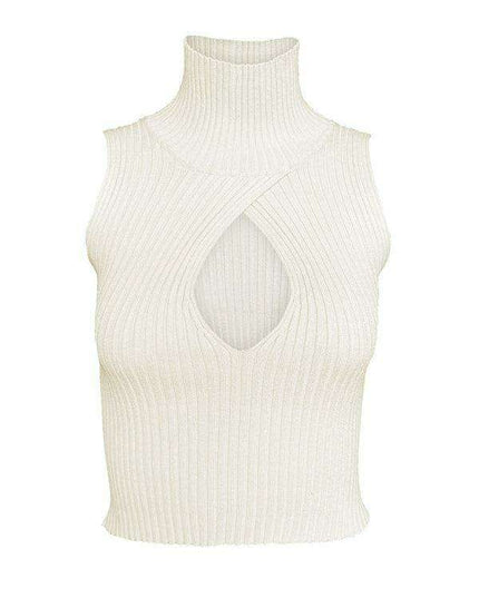 Sleeveless Ribbed Turtleneck Sweater with Teardrop Cutout Detail