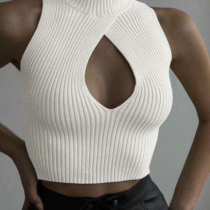 Sleeveless Ribbed Turtleneck Sweater with Teardrop Cutout Detail