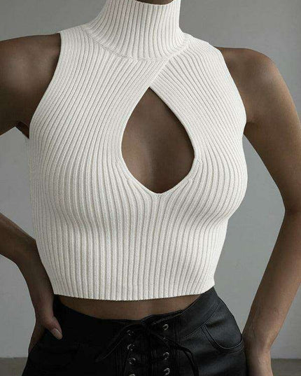 Sleeveless Ribbed Turtleneck Sweater with Teardrop Cutout Detail