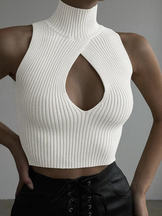 Jakoto | Women's Solid Color Cutout Sleeveless Sleeve Turtle Neck Rib Sweater