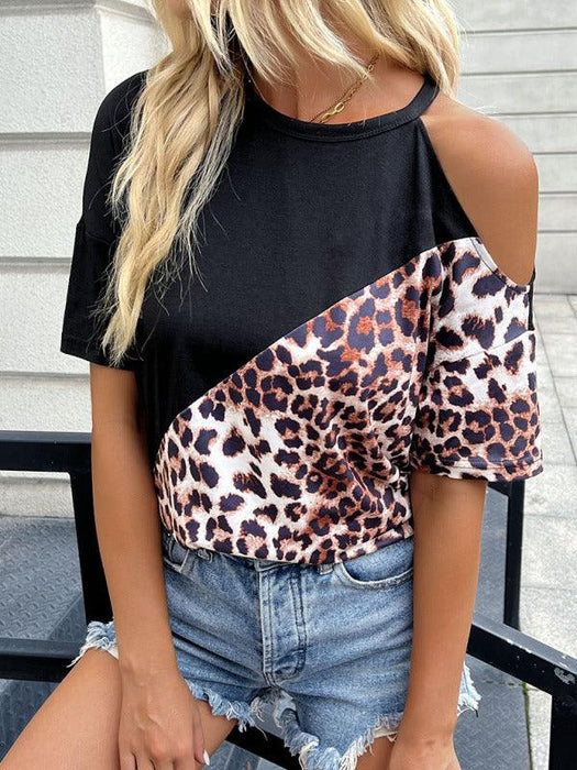 Stylish Cheetah Print Cold-Shoulder Top with Color Block Crewneck for Women