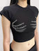 Diamond Claw Embellished Ribbed Crop Top - Women's Fashionable Blouse with Chic Diamond Accents