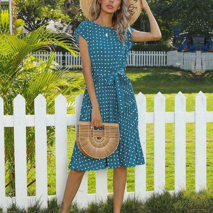 Jakoto Women's Chic Polka Dot High-Waisted Midi Dress with Short Sleeves