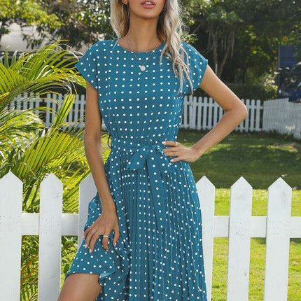 Jakoto Women's Chic Polka Dot High-Waisted Midi Dress with Short Sleeves