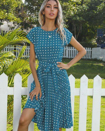 Jakoto Women's Chic Polka Dot High-Waisted Midi Dress with Short Sleeves