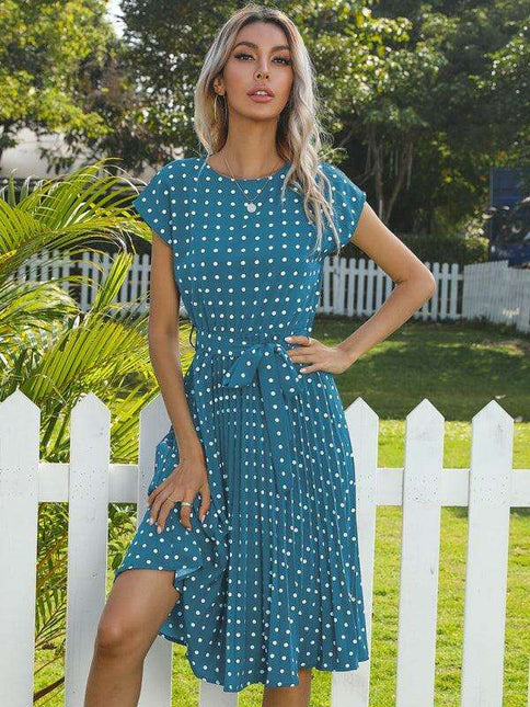 Jakoto Women's Chic Polka Dot High-Waisted Midi Dress with Short Sleeves